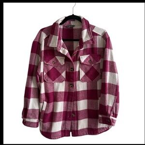 Pink & Cream Plaid Shacket | Oversized Button-Up Jacket | Size L